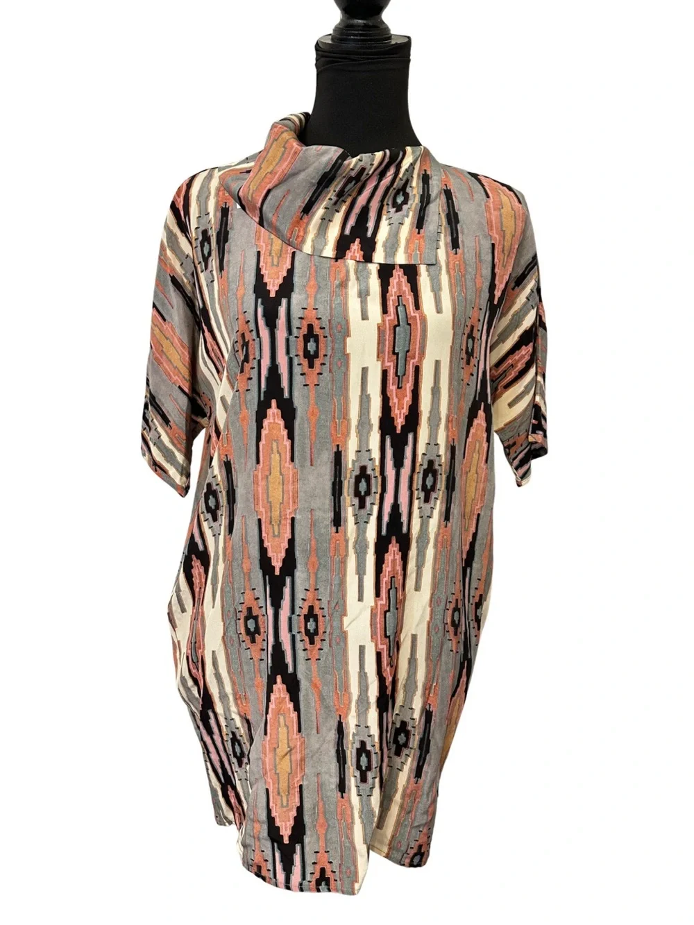 Tucker 100% Silk Tunic Dress Southwest Ikat Print Cowl Neck Pockets Oversized S - Picture 3 of 12